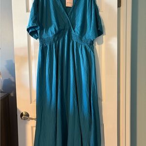 NWT BloomChic Stretchy Waist Frill Trim Teal Midi Dress Size 14/16